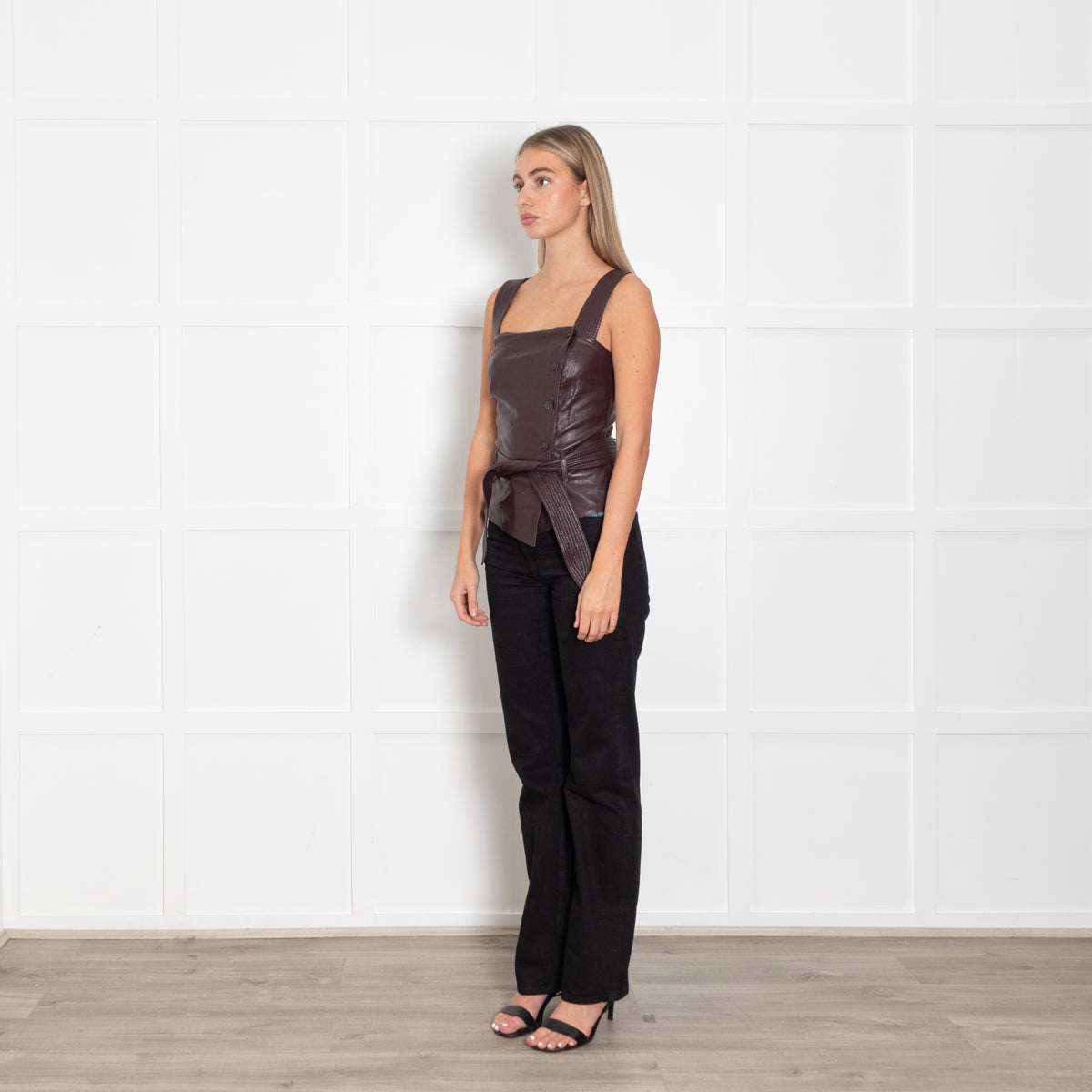 Nanushka Burgundy Faux Leather Button Detail Short Top