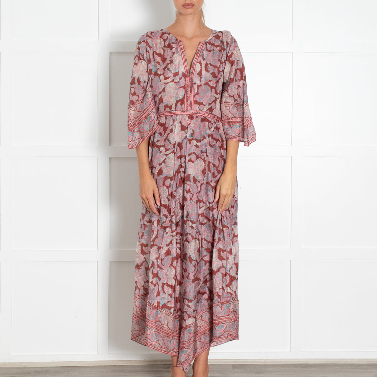 Bash Rust Pink Blue Side Slits Silk Maxi Dress