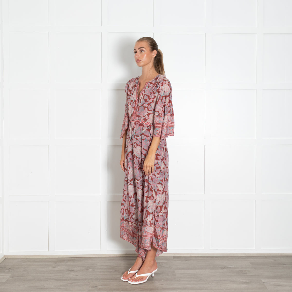 Bash Rust Pink Blue Side Slits Silk Maxi Dress