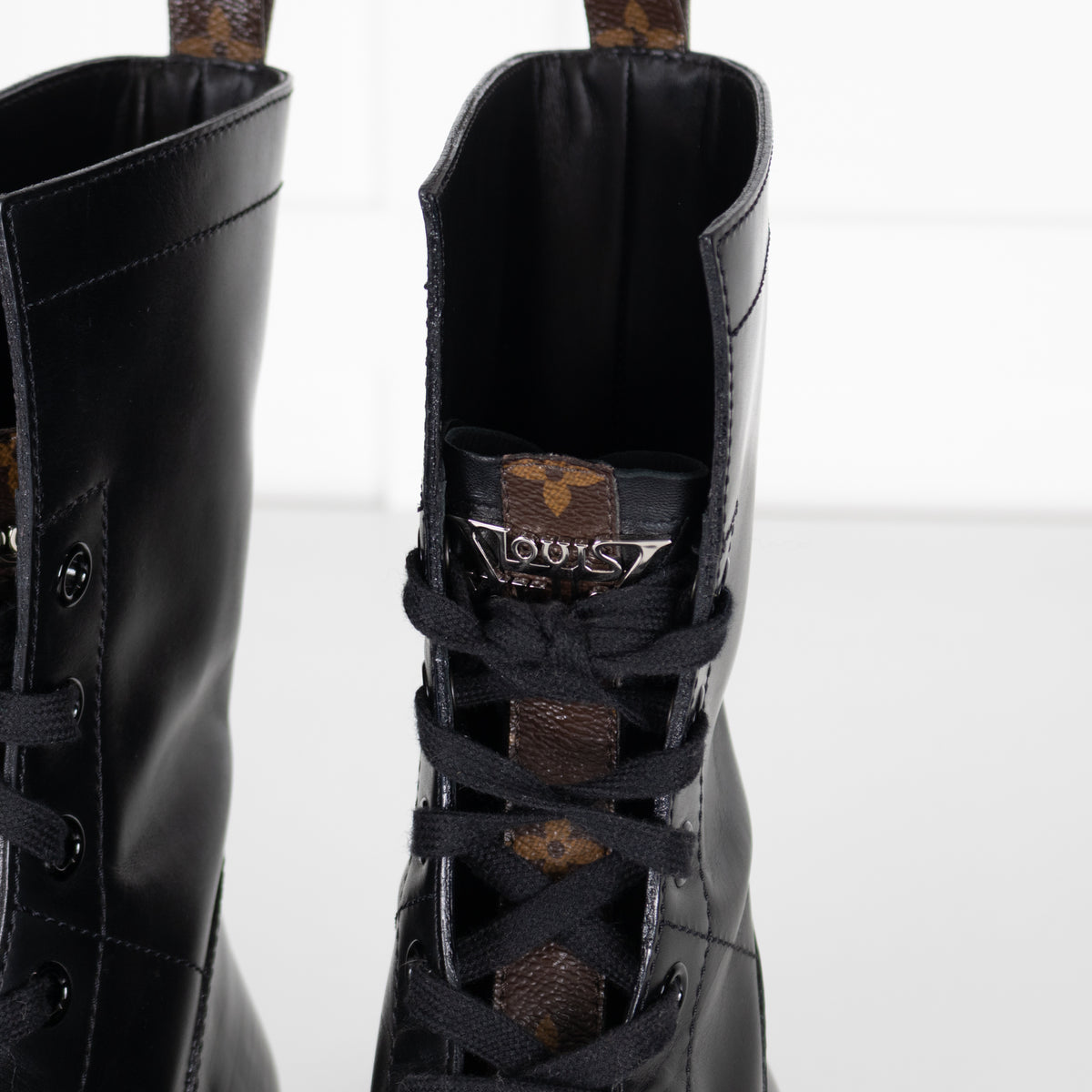 Louis Vuitton Black Leather Lace Up Monogram Detail Boots
