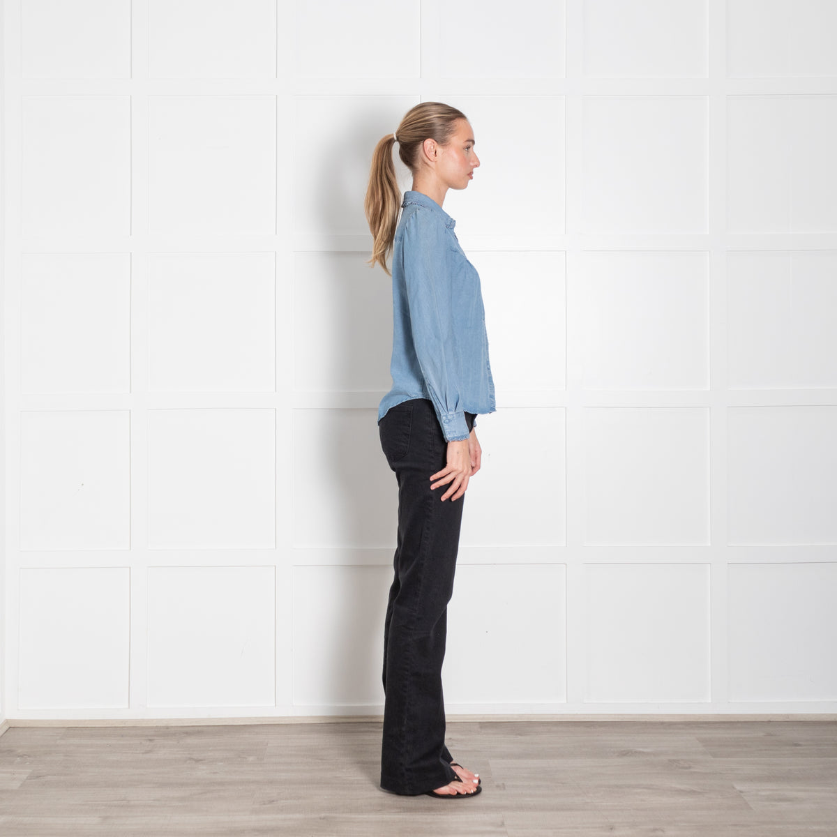 Wyse Blue Denim Frill Trim Long Sleeve Blouse