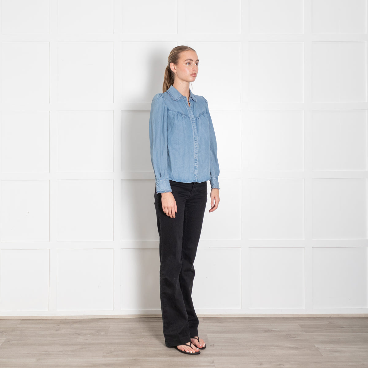 Wyse Blue Denim Frill Trim Long Sleeve Blouse