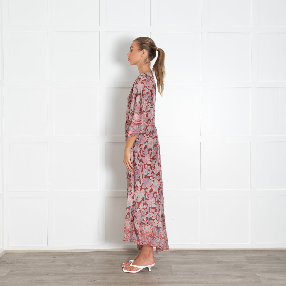 Bash Rust Pink Blue Side Slits Silk Maxi Dress