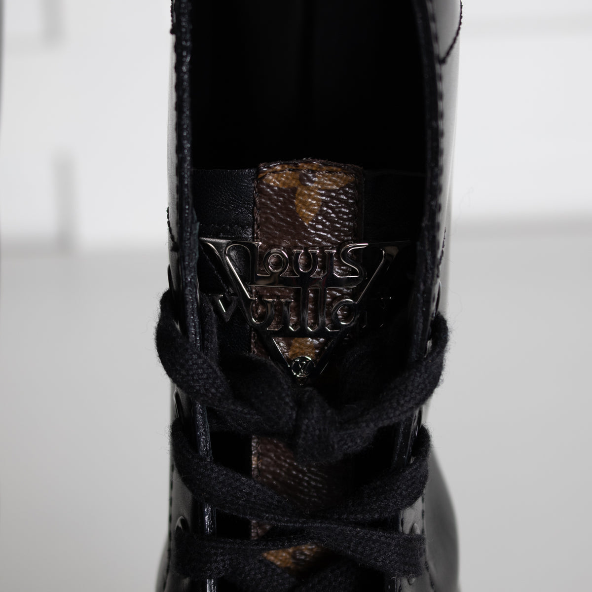 Louis Vuitton Black Leather Lace Up Monogram Detail Boots
