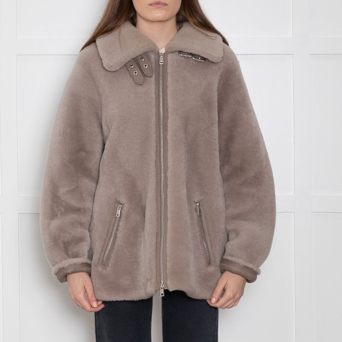 Laurel Pale Grey Shearling Jacket With Zip Front And Pock