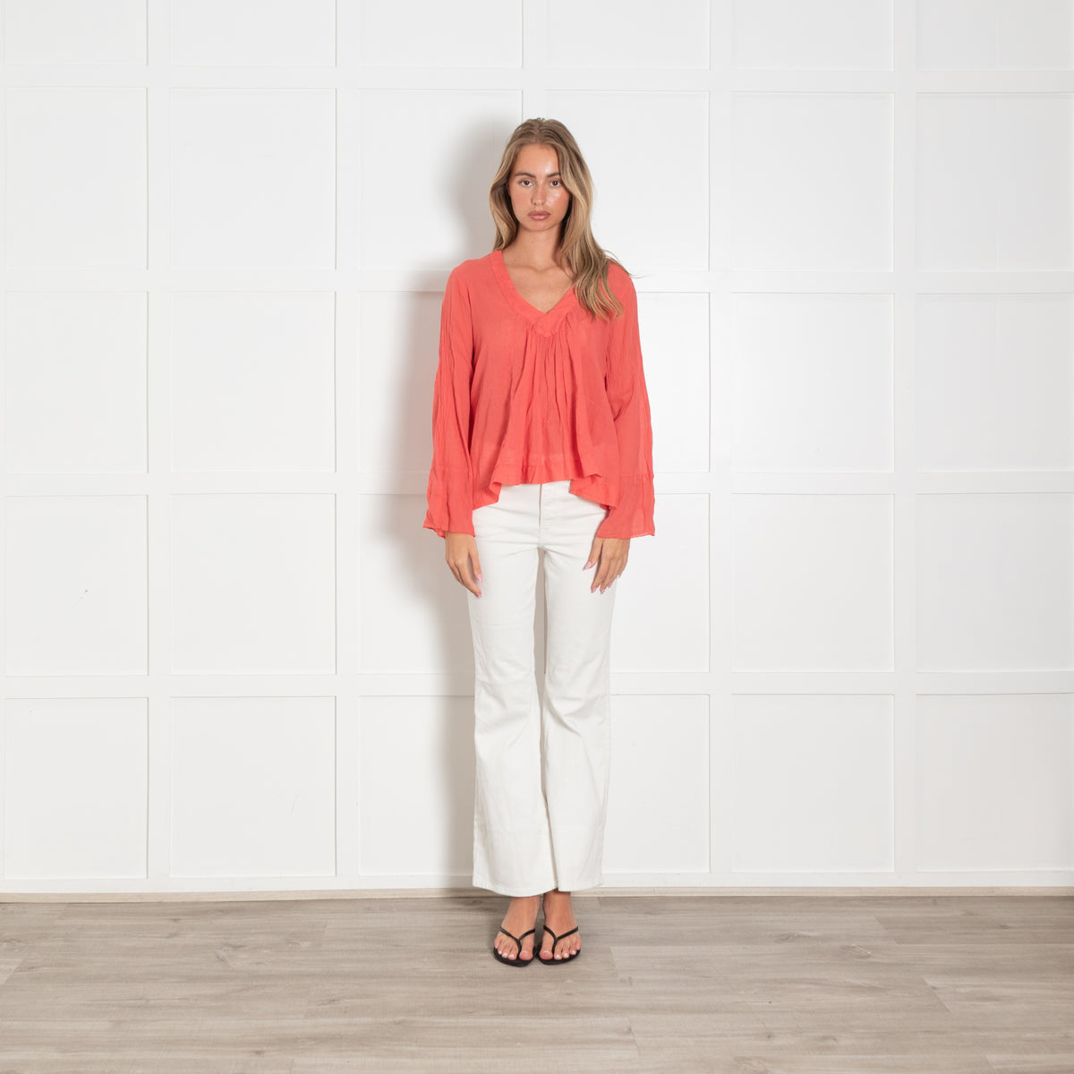 European Culture Coral Fine Cotton V Neck Top