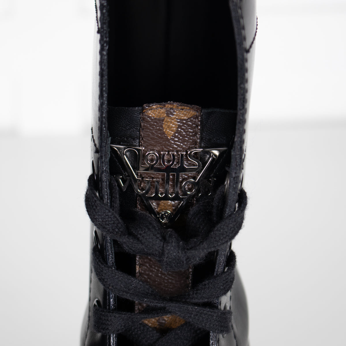 Louis Vuitton Black Leather Lace Up Monogram Detail Boots