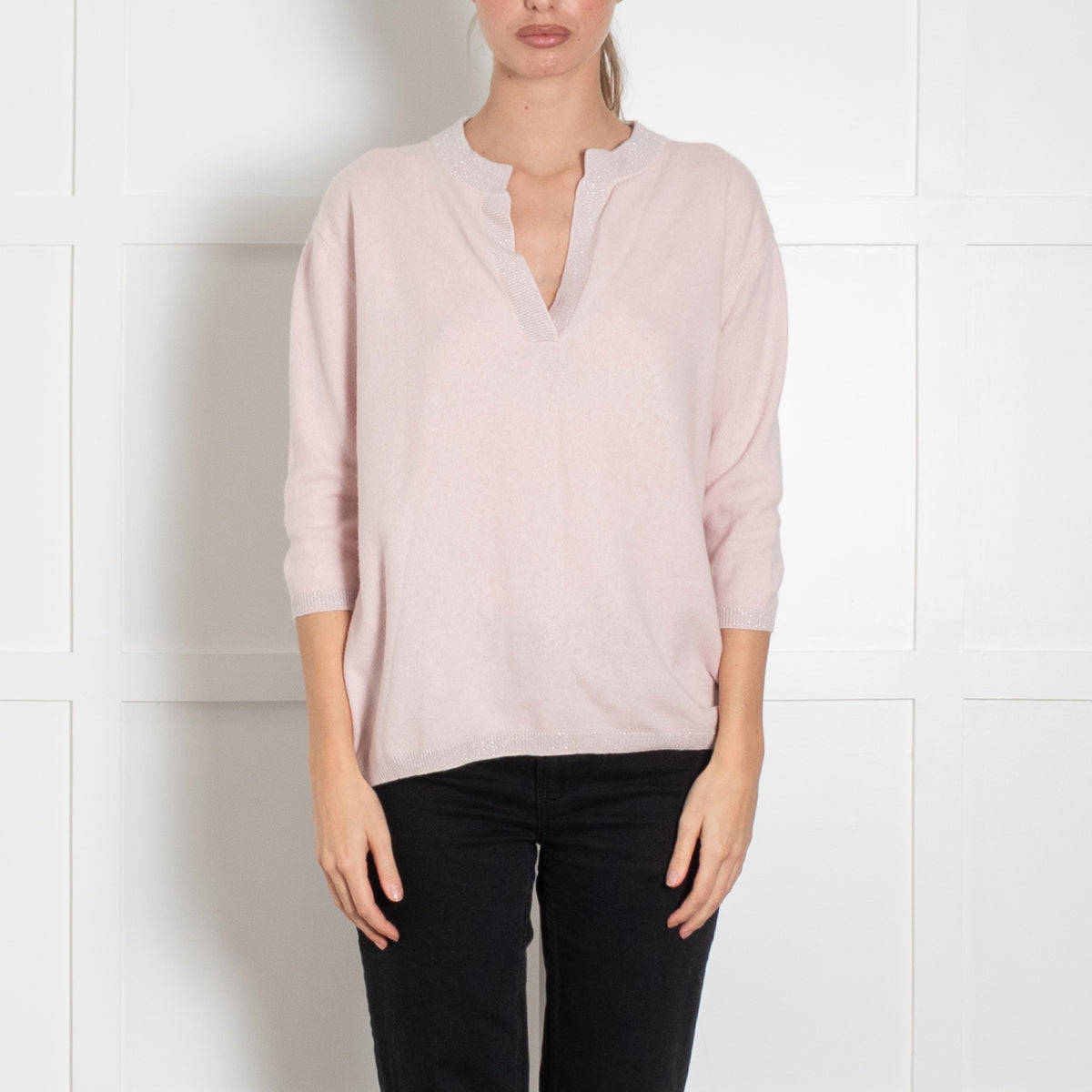 Max & Moi Pale Pink Shimmer Trim Cashmere Blend 3/4 Sleeve Sweater