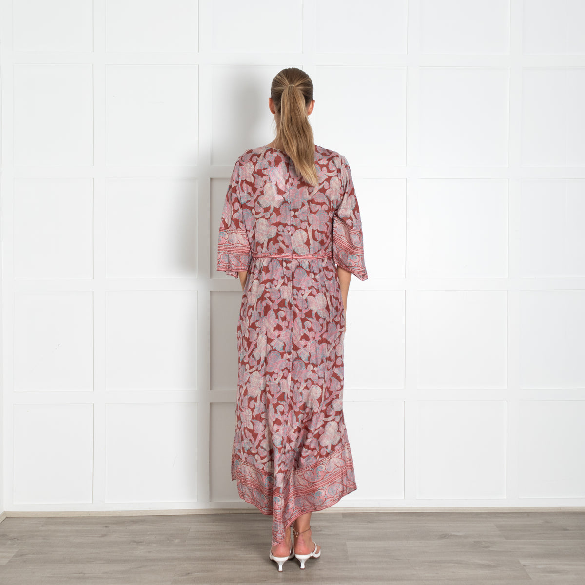 Bash Rust Pink Blue Side Slits Silk Maxi Dress