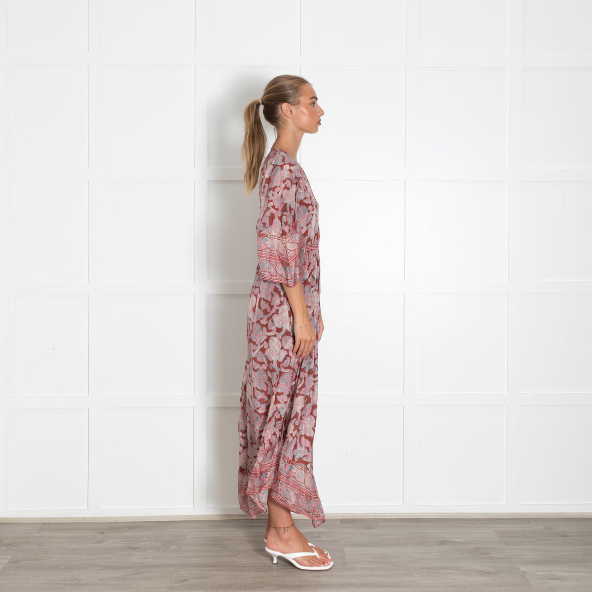 Bash Rust Pink Blue Side Slits Silk Maxi Dress