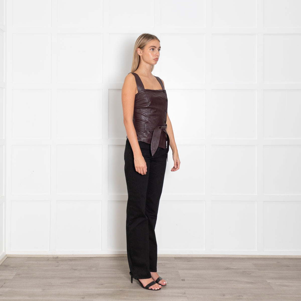 Nanushka Burgundy Faux Leather Button Detail Short Top