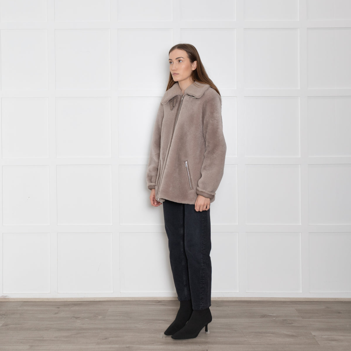 Laurel Pale Grey Shearling Jacket With Zip Front And Pock