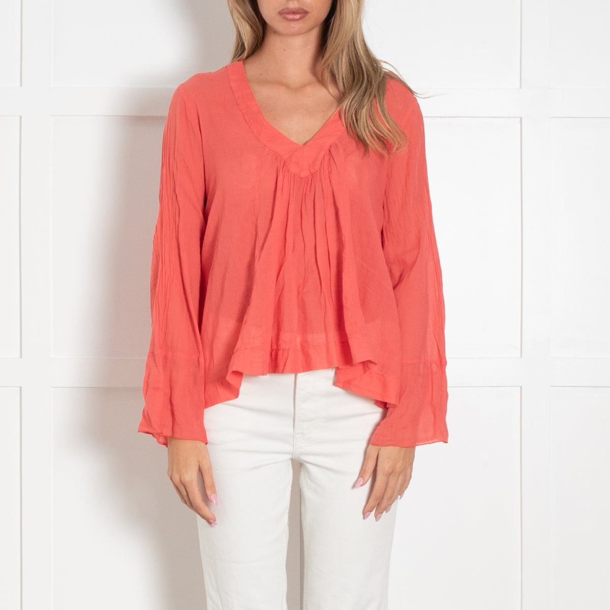European Culture Coral Fine Cotton V Neck Top