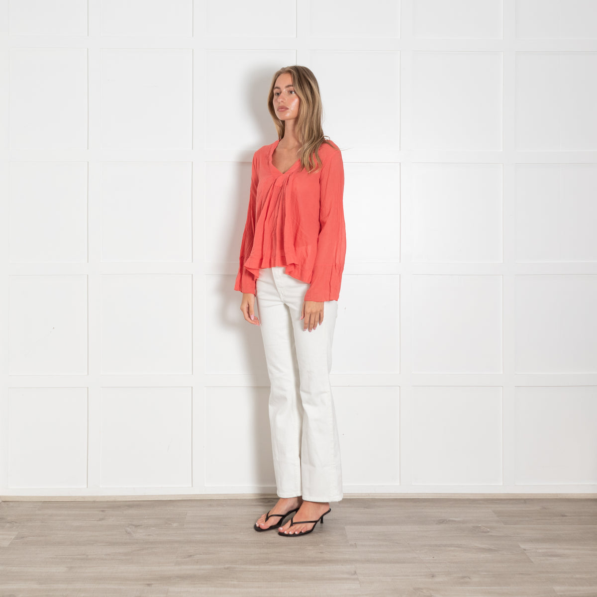 European Culture Coral Fine Cotton V Neck Top