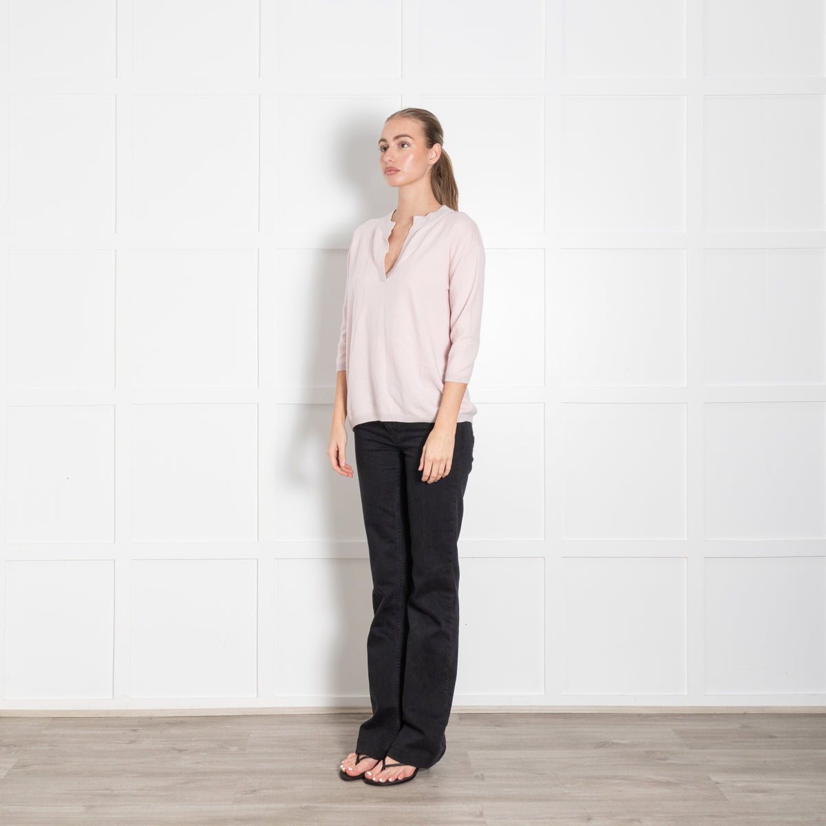 Max & Moi Pale Pink Shimmer Trim Cashmere Blend 3/4 Sleeve Sweater