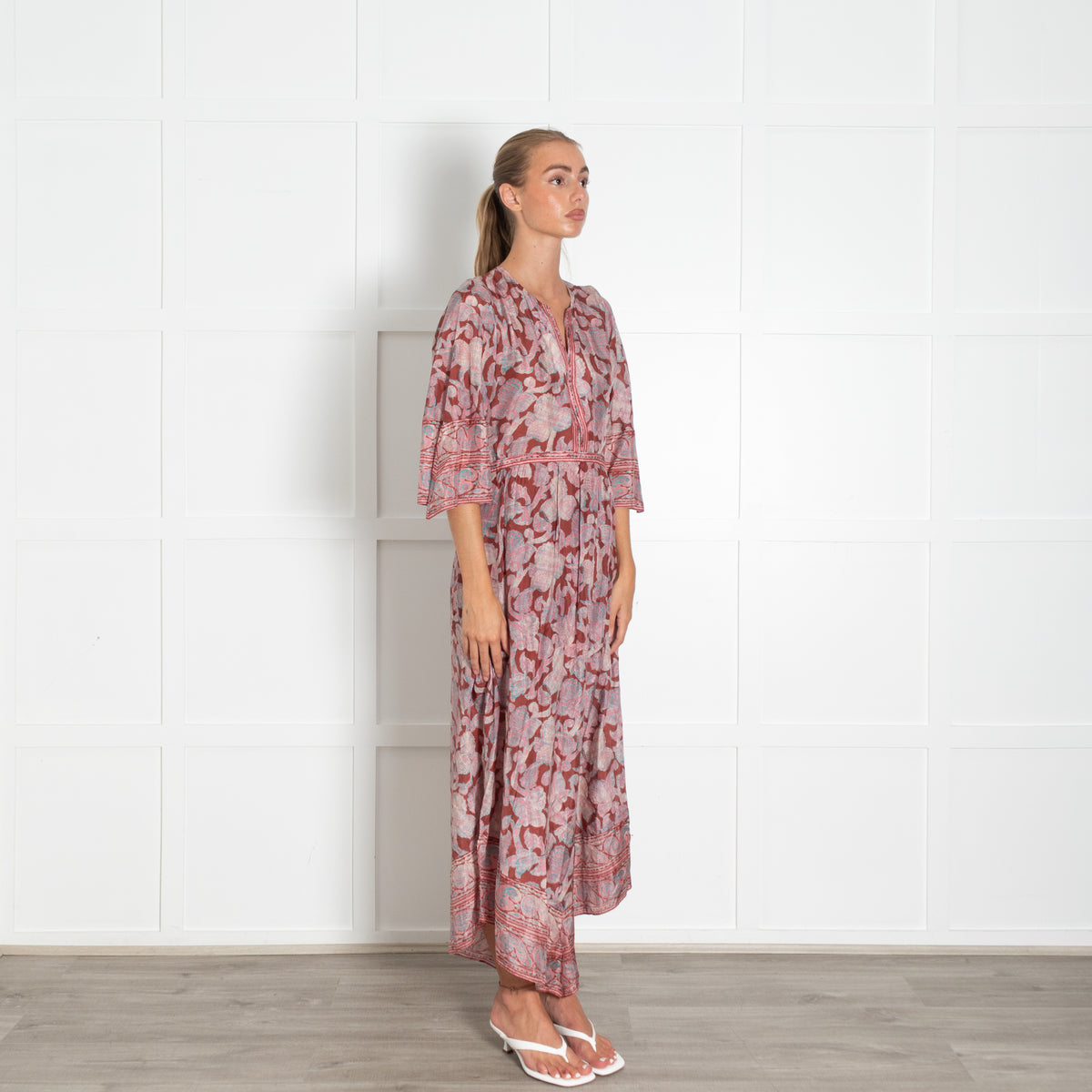 Bash Rust Pink Blue Side Slits Silk Maxi Dress