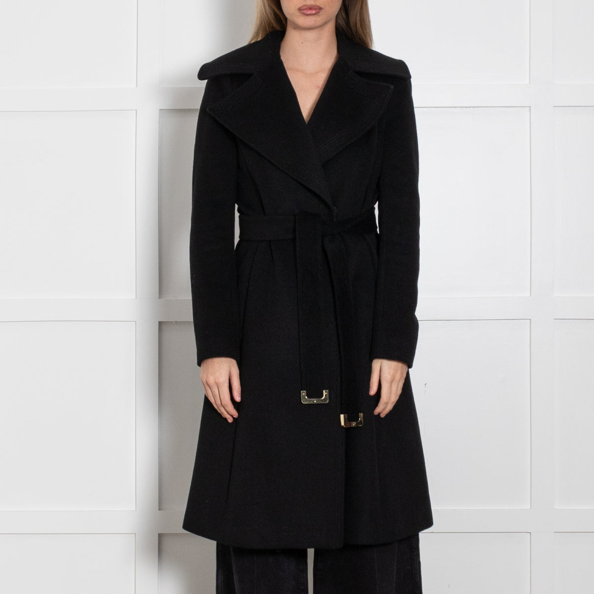 Diane Von Furstenberg Black Belted Wide Collar Wool Blend Coat