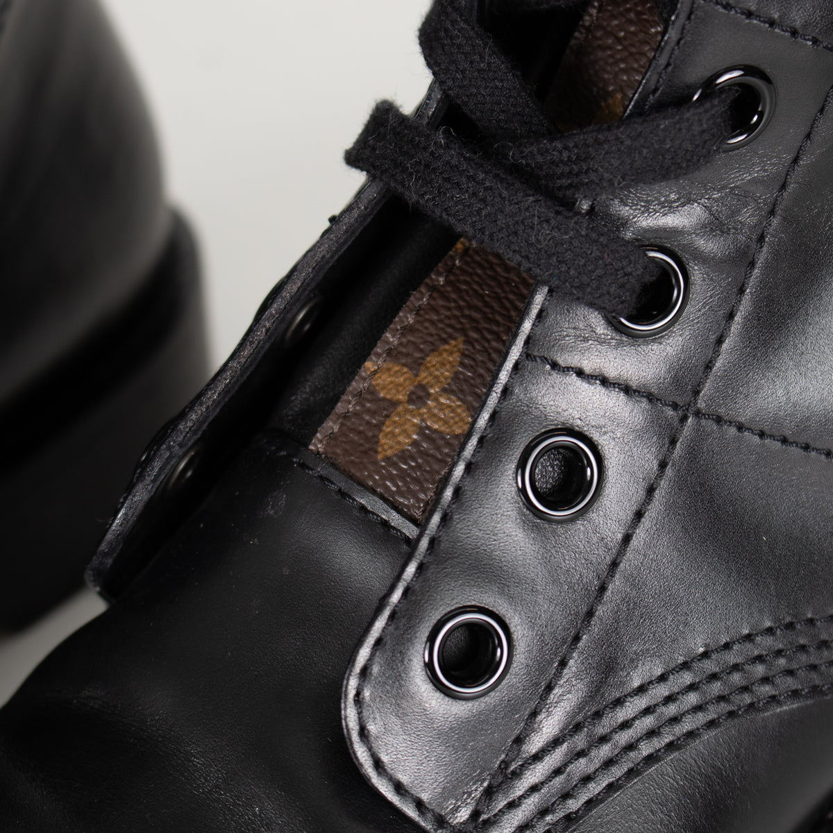 Louis Vuitton Black Leather Lace Up Monogram Detail Boots
