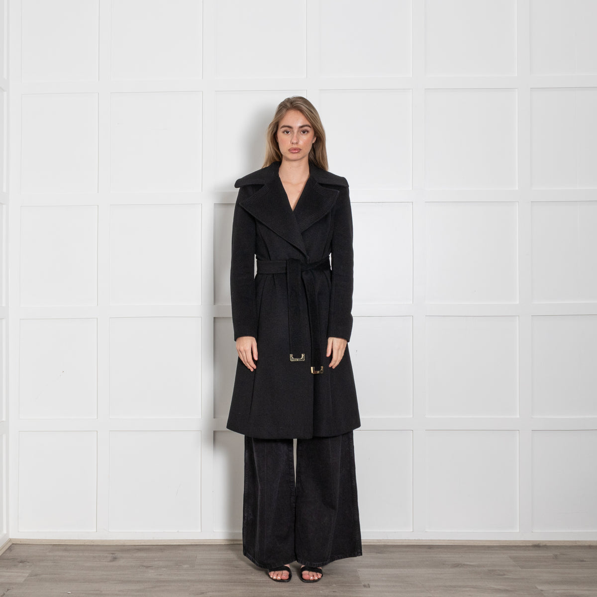 Diane Von Furstenberg Black Belted Wide Collar Wool Blend Coat