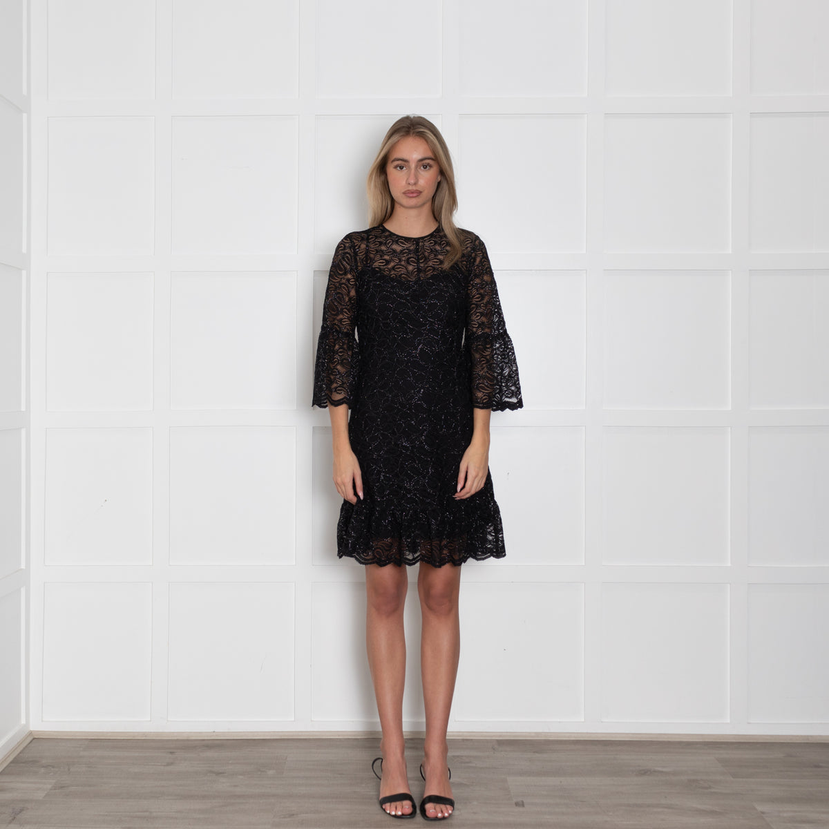 Michael By Michael Kors Black Lace And Lurex Long Sleeve Short Dress