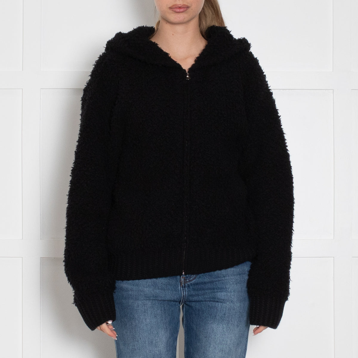 Vince Black Cashmere Blend Boucle Zip Up Hooded Cardigan