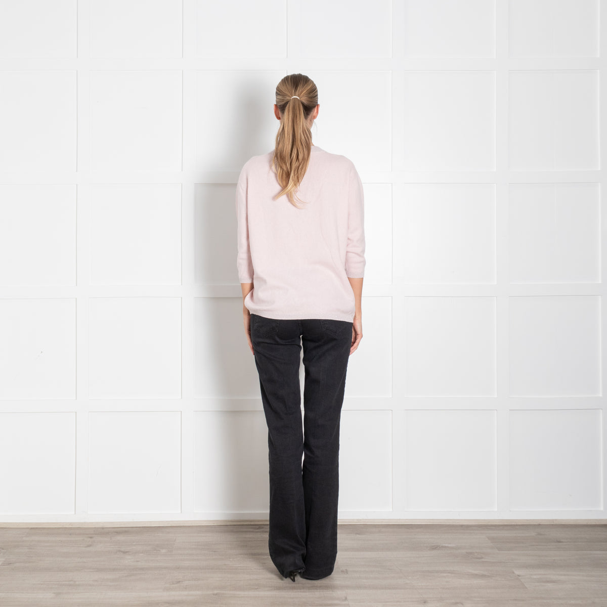 Max & Moi Pale Pink Shimmer Trim Cashmere Blend 3/4 Sleeve Sweater