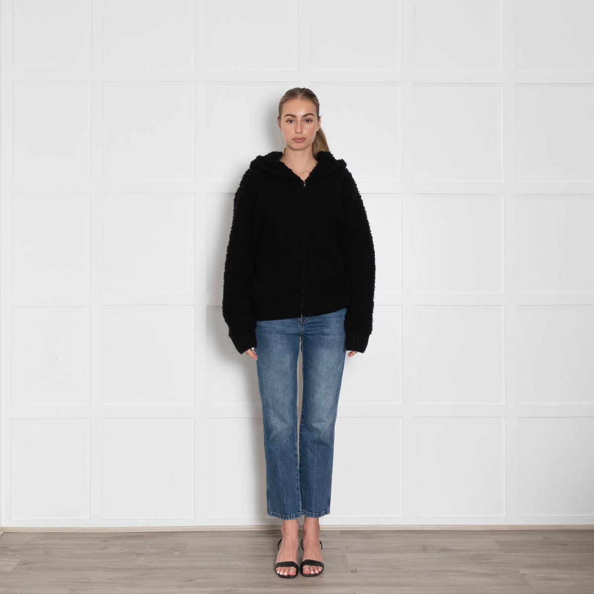 Vince Black Cashmere Blend Boucle Zip Up Hooded Cardigan