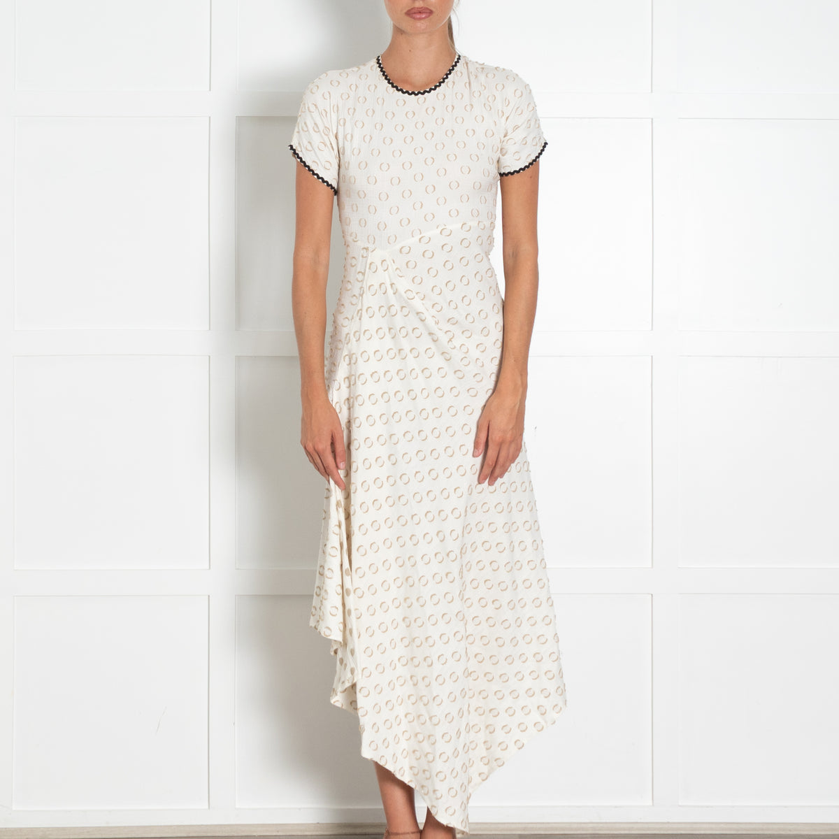 Lug Von Siga Cream Beige Spot Ruched Front Short Sleeve Dress