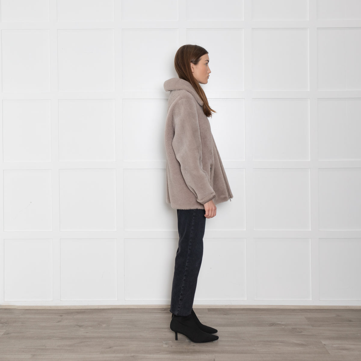 Laurel Pale Grey Shearling Jacket With Zip Front And Pock