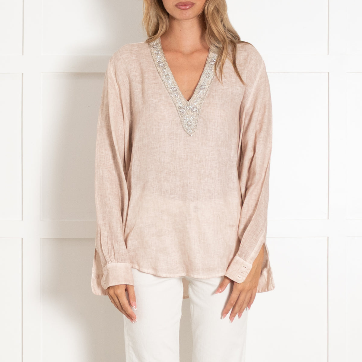 120% Lino Beige Long Sleeve Tunic Top With Embellished V Neck