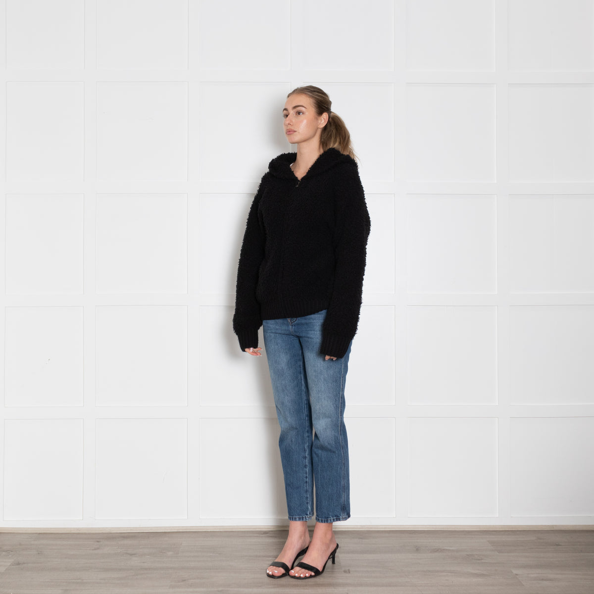 Vince Black Cashmere Blend Boucle Zip Up Hooded Cardigan