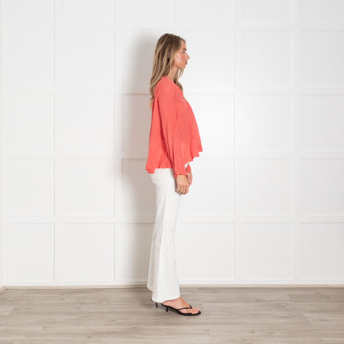 European Culture Coral Fine Cotton V Neck Top