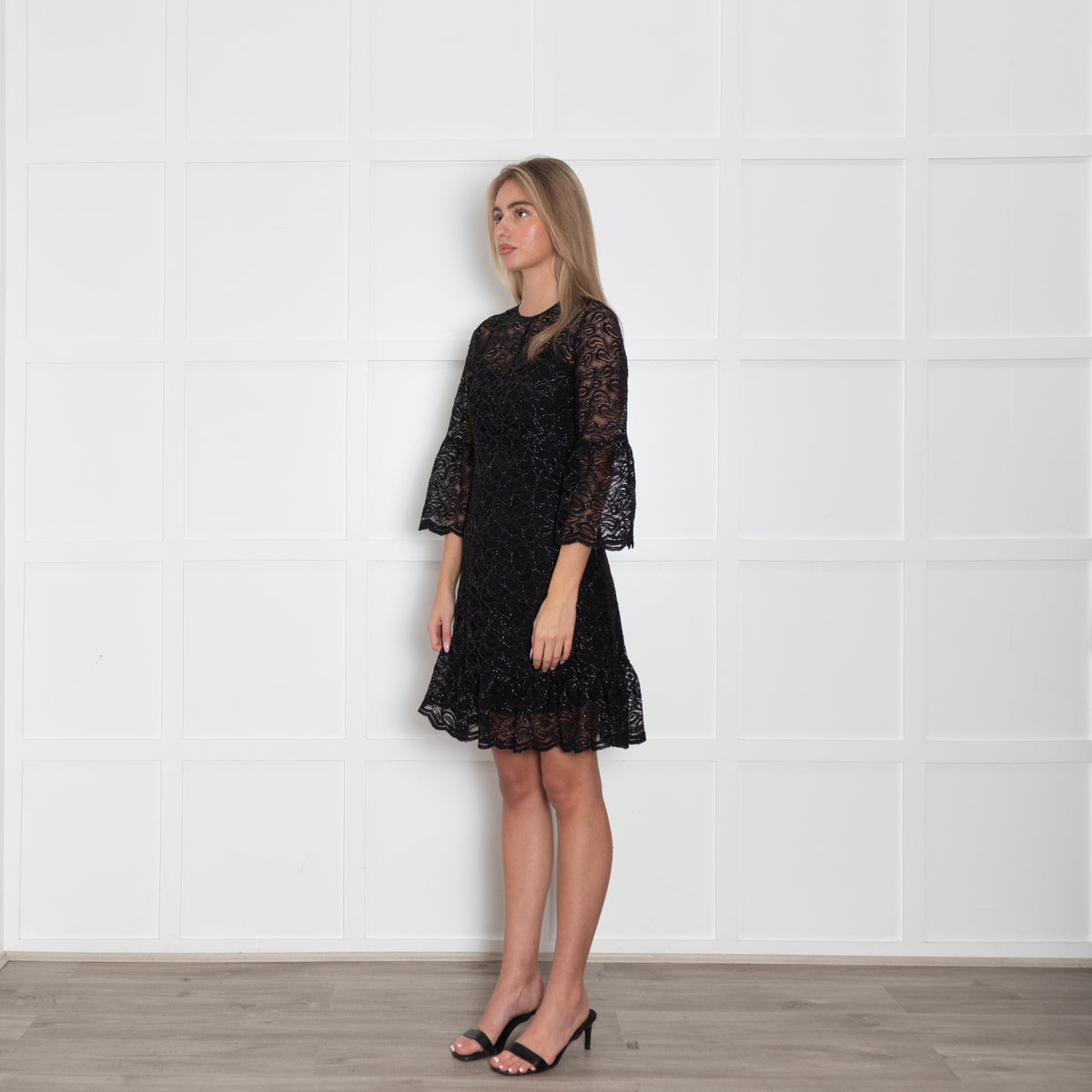 Michael By Michael Kors Black Lace And Lurex Long Sleeve Short Dress