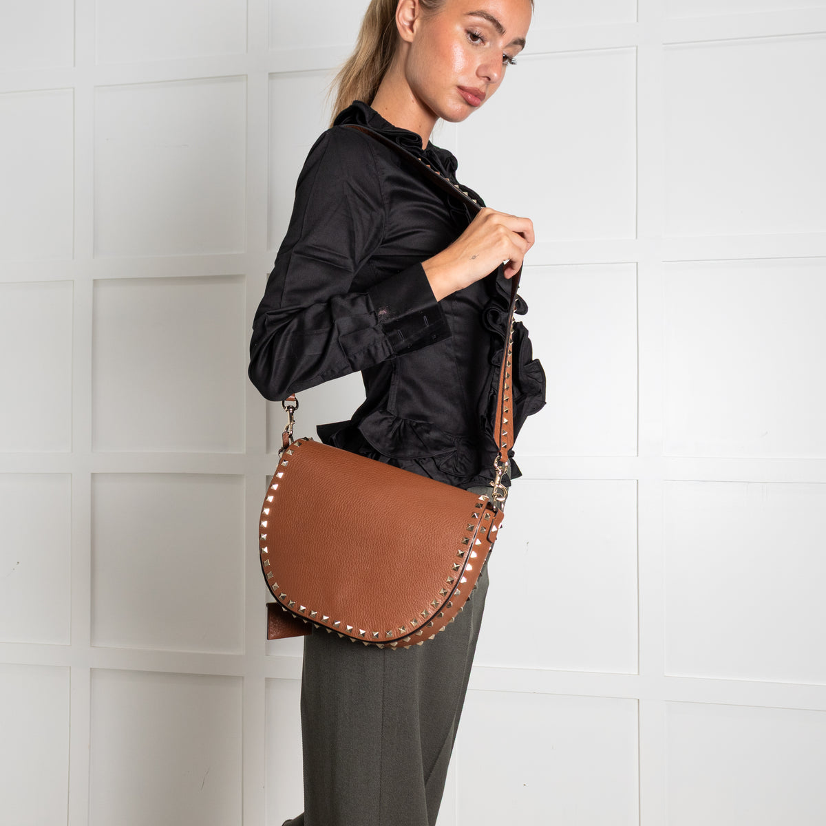 Valentino Garavani Rockstud Tan Saddle Bag