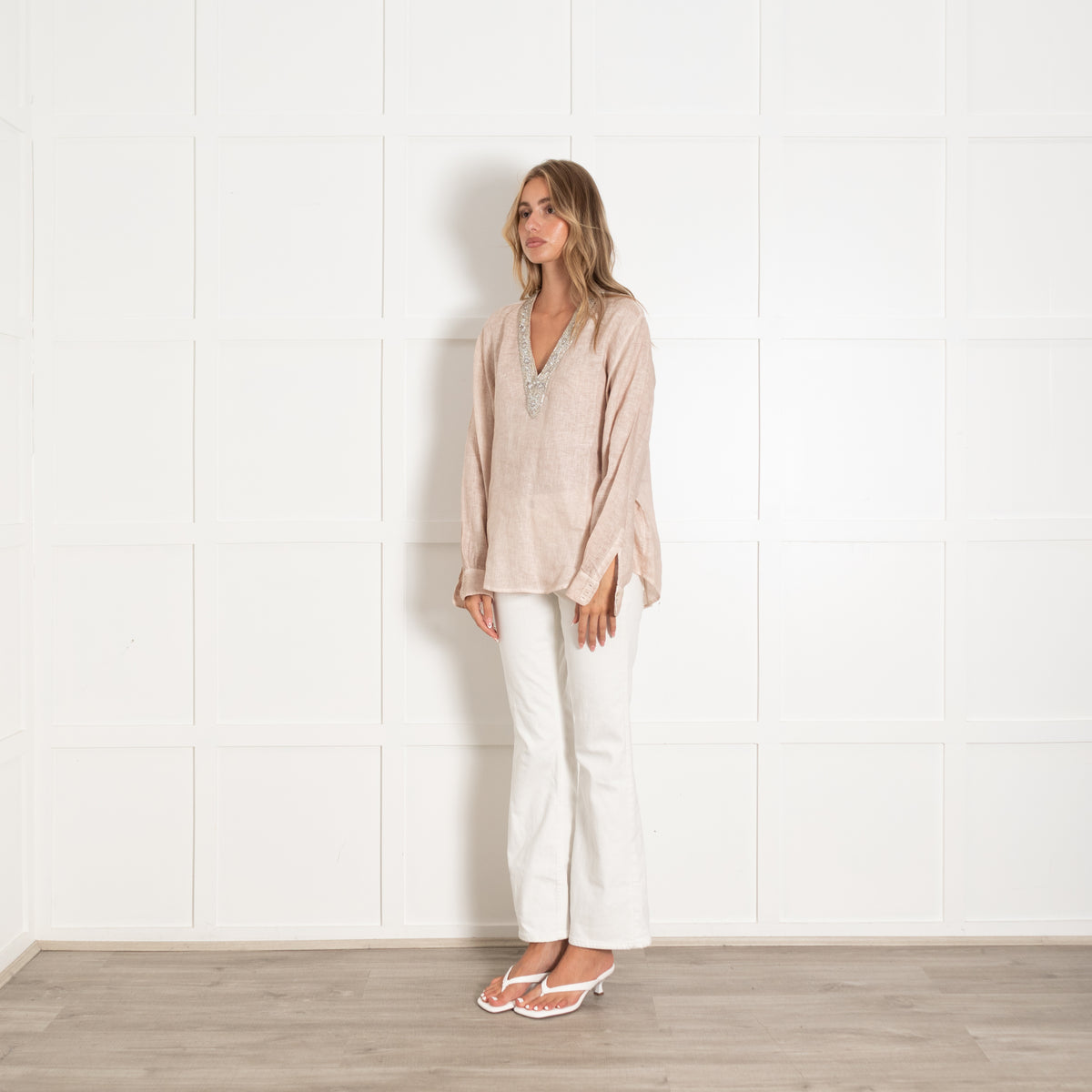 120% Lino Beige Long Sleeve Tunic Top With Embellished V Neck