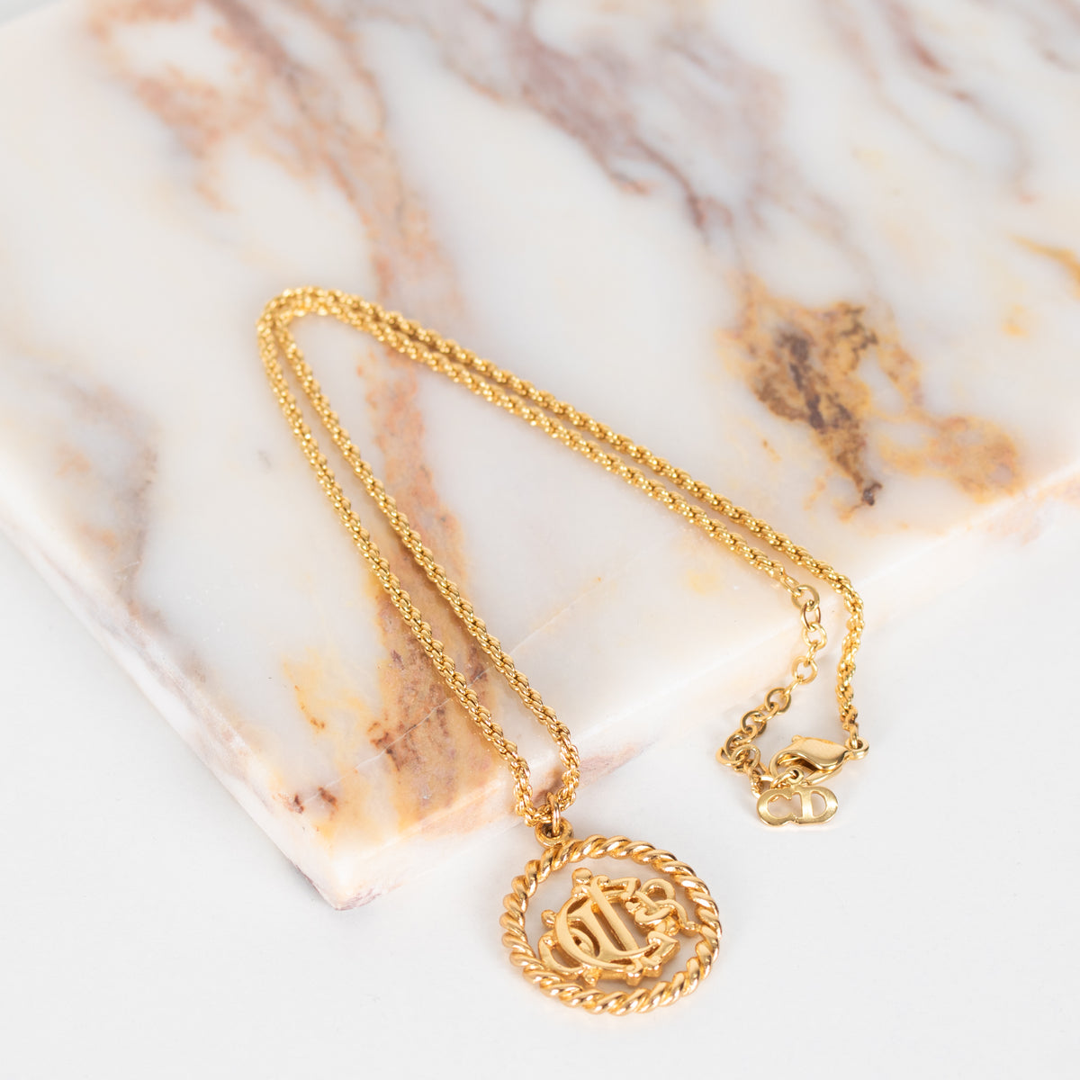 Christian Dior Gold Tone Logo Medallion Necklace