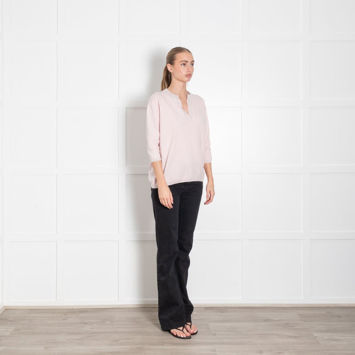 Max & Moi Pale Pink Shimmer Trim Cashmere Blend 3/4 Sleeve Sweater