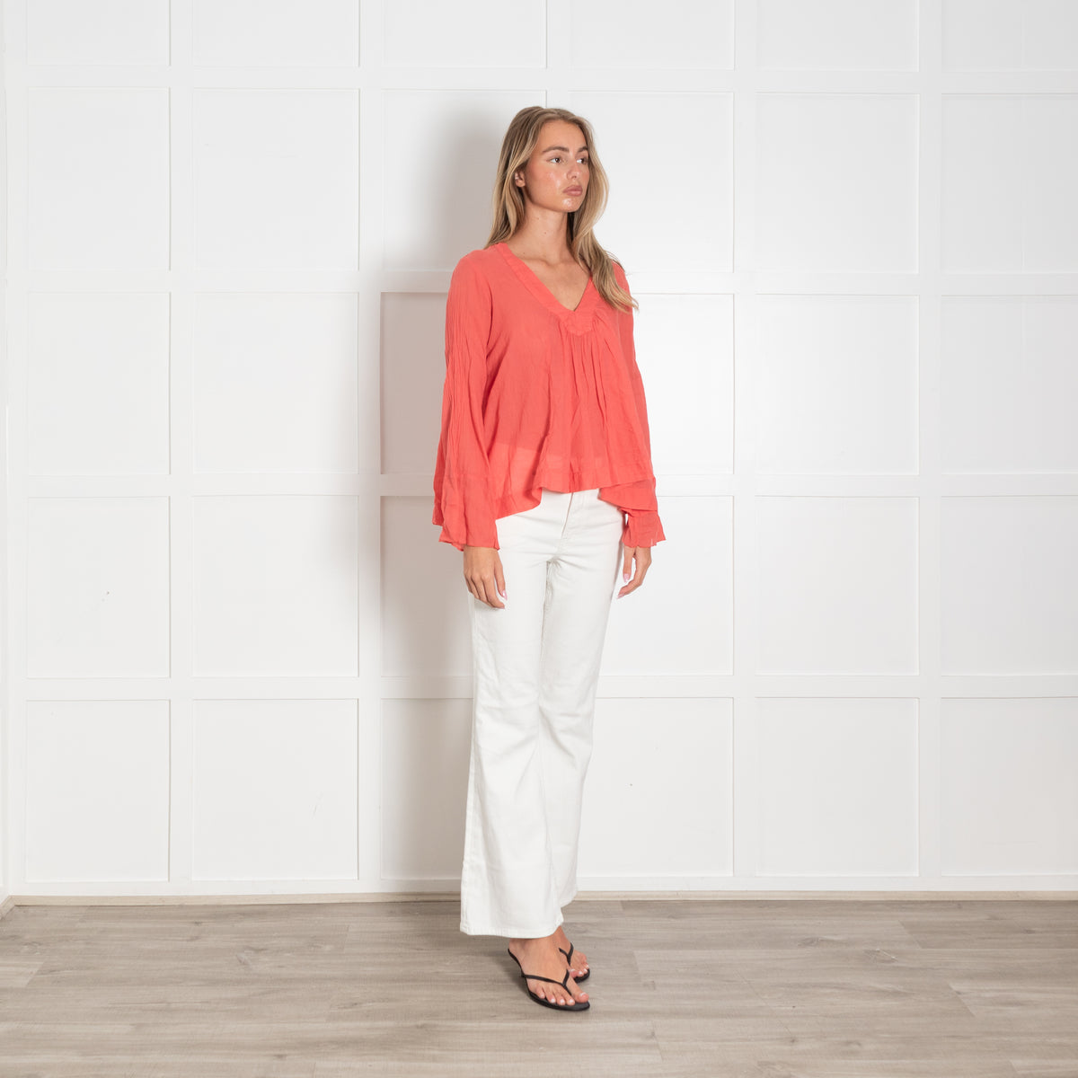 European Culture Coral Fine Cotton V Neck Top