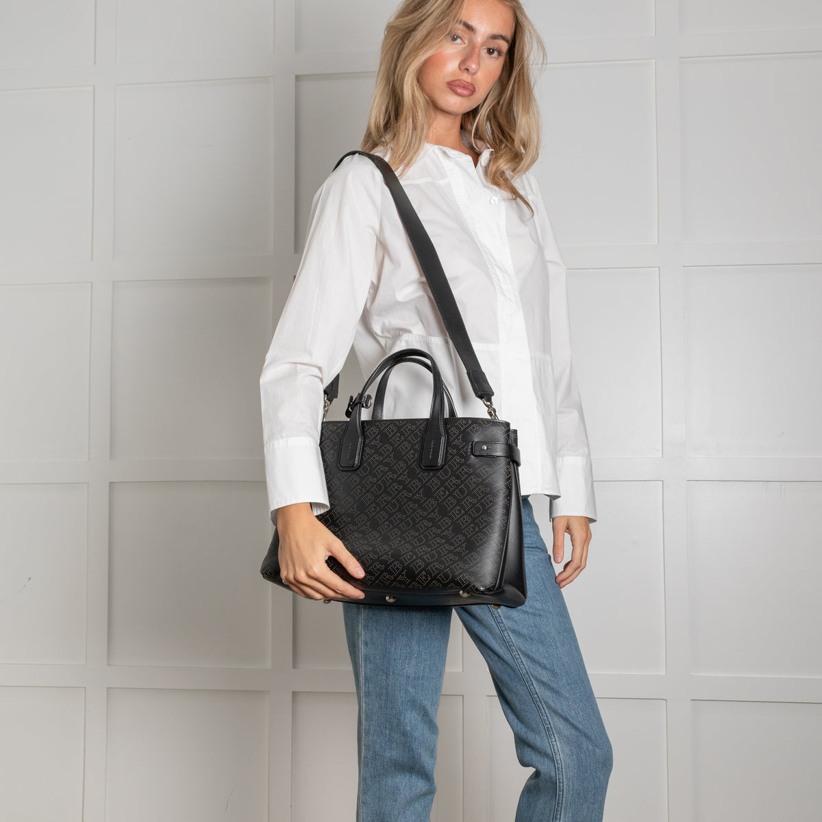 Burberry Black Perforated Leather Banner Tote Bag