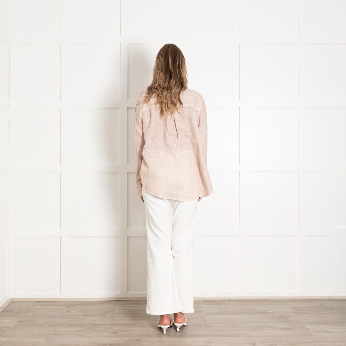 120% Lino Beige Long Sleeve Tunic Top With Embellished V Neck