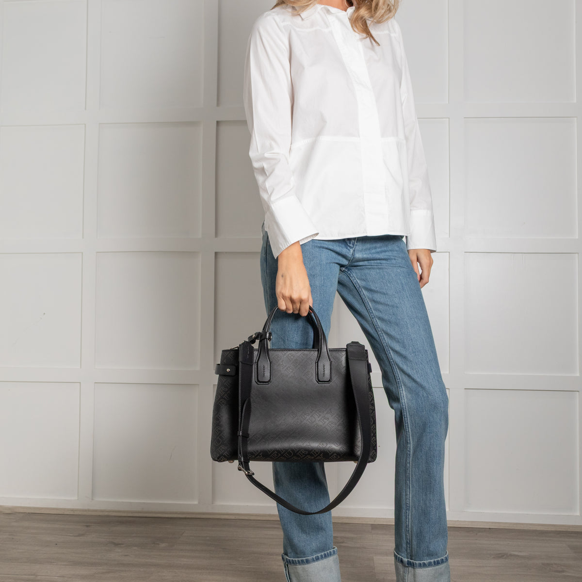 Burberry Black Perforated Leather Banner Tote Bag