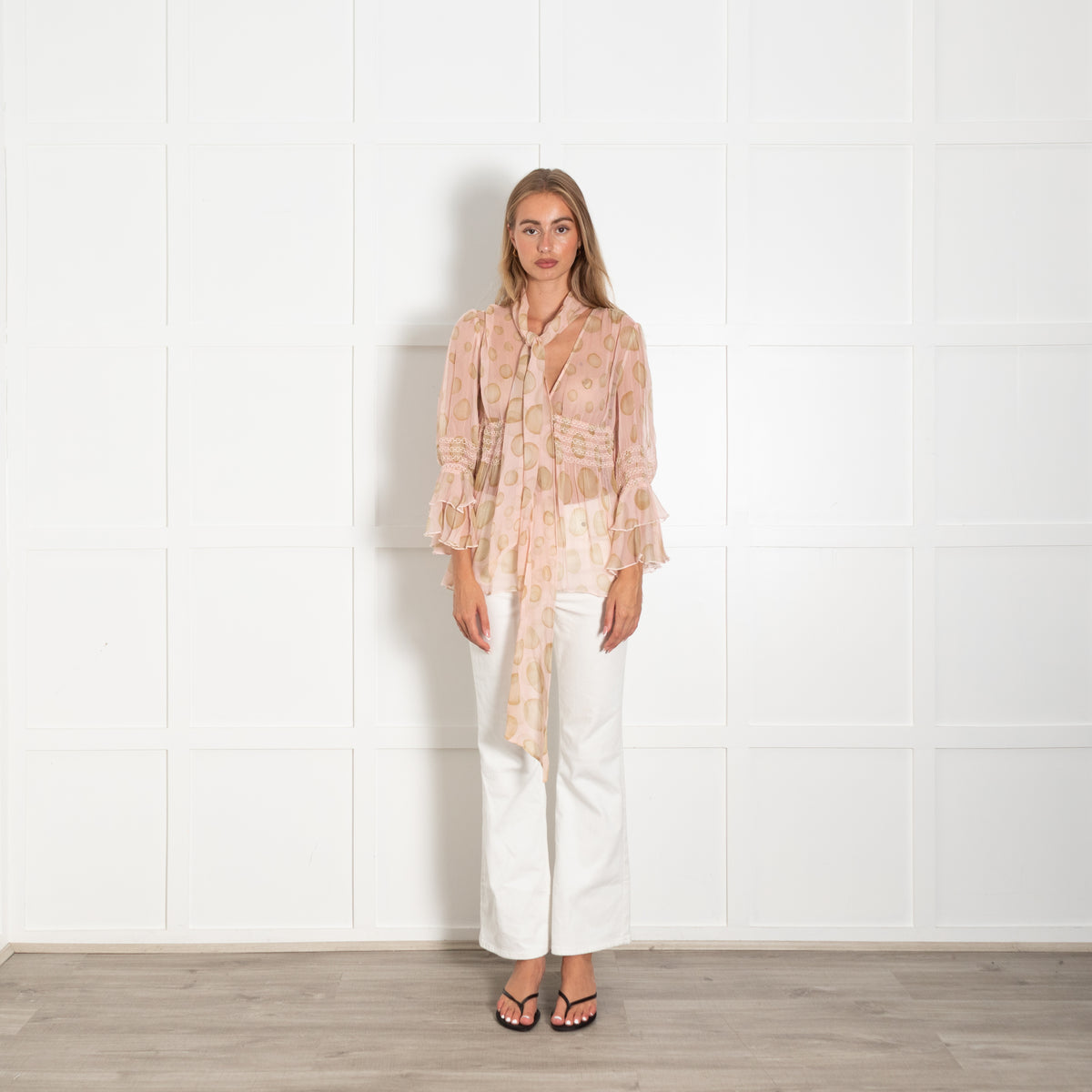 Red Valentino Pink Spotted Sheer Long Sleeve Top With Tie Neck