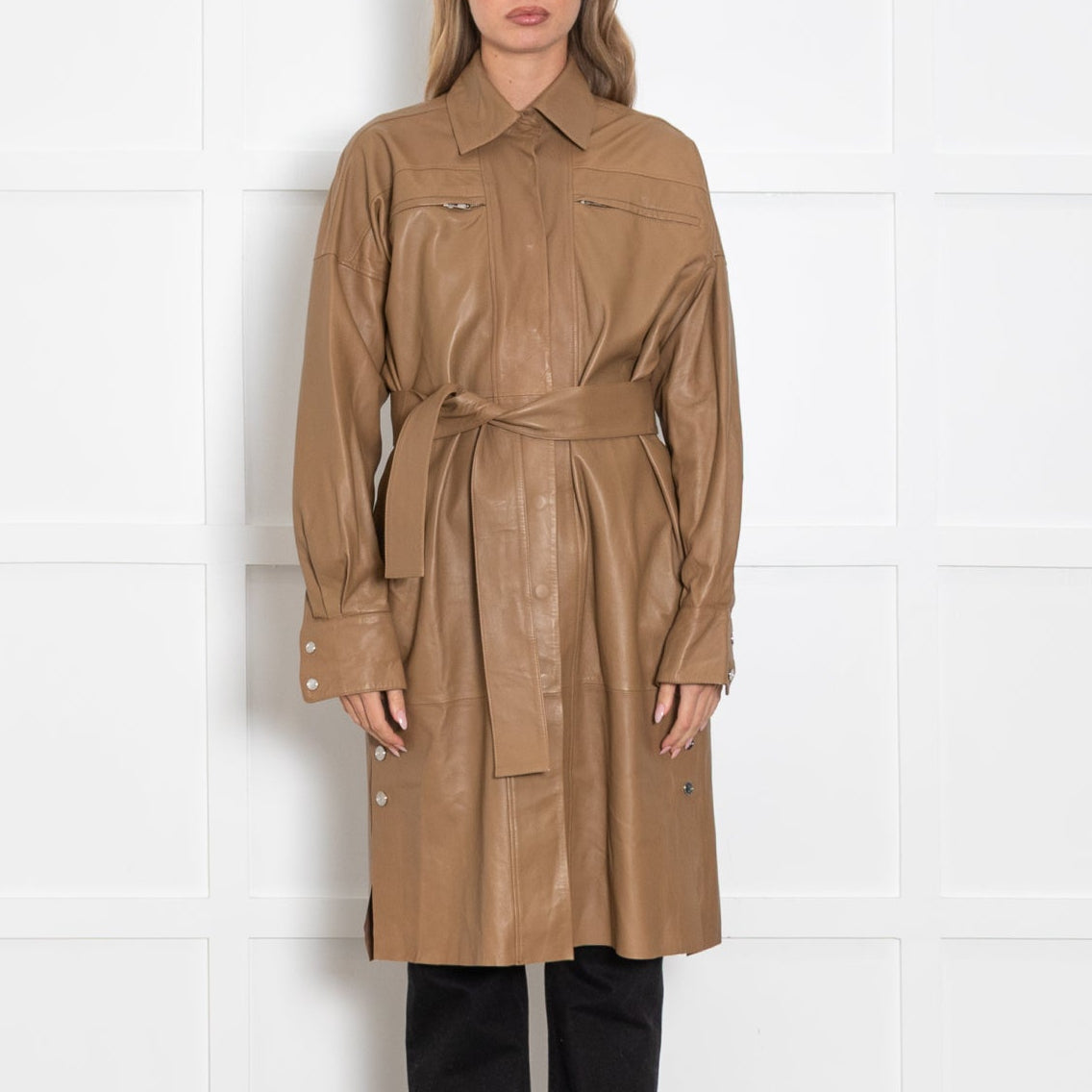 Remain Birger Christensen Tan Leather Shirt/Coat With Belt