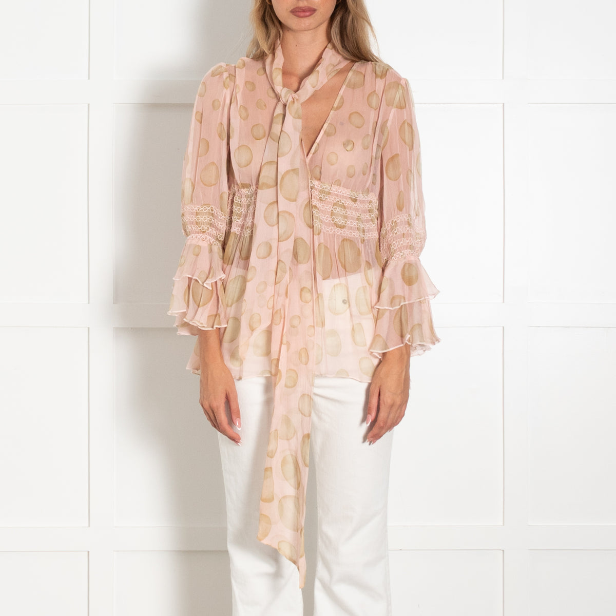 Red Valentino Pink Spotted Sheer Long Sleeve Top With Tie Neck