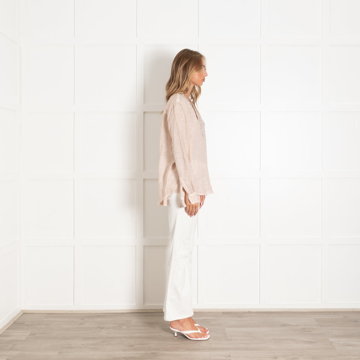 120% Lino Beige Long Sleeve Tunic Top With Embellished V Neck