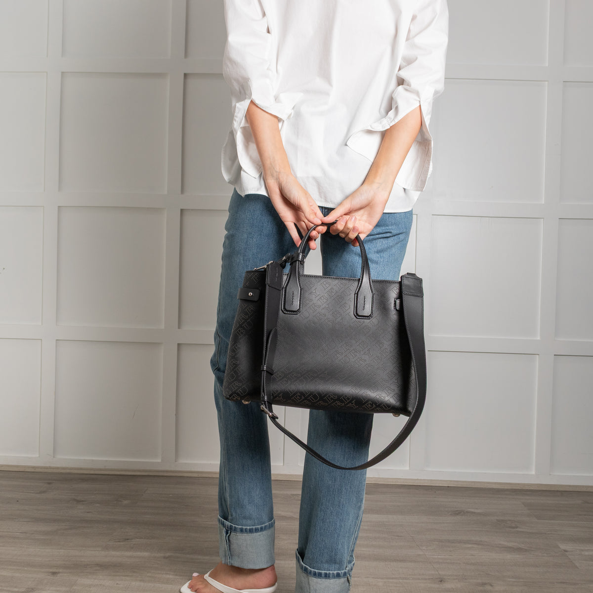 Burberry Black Perforated Leather Banner Tote Bag