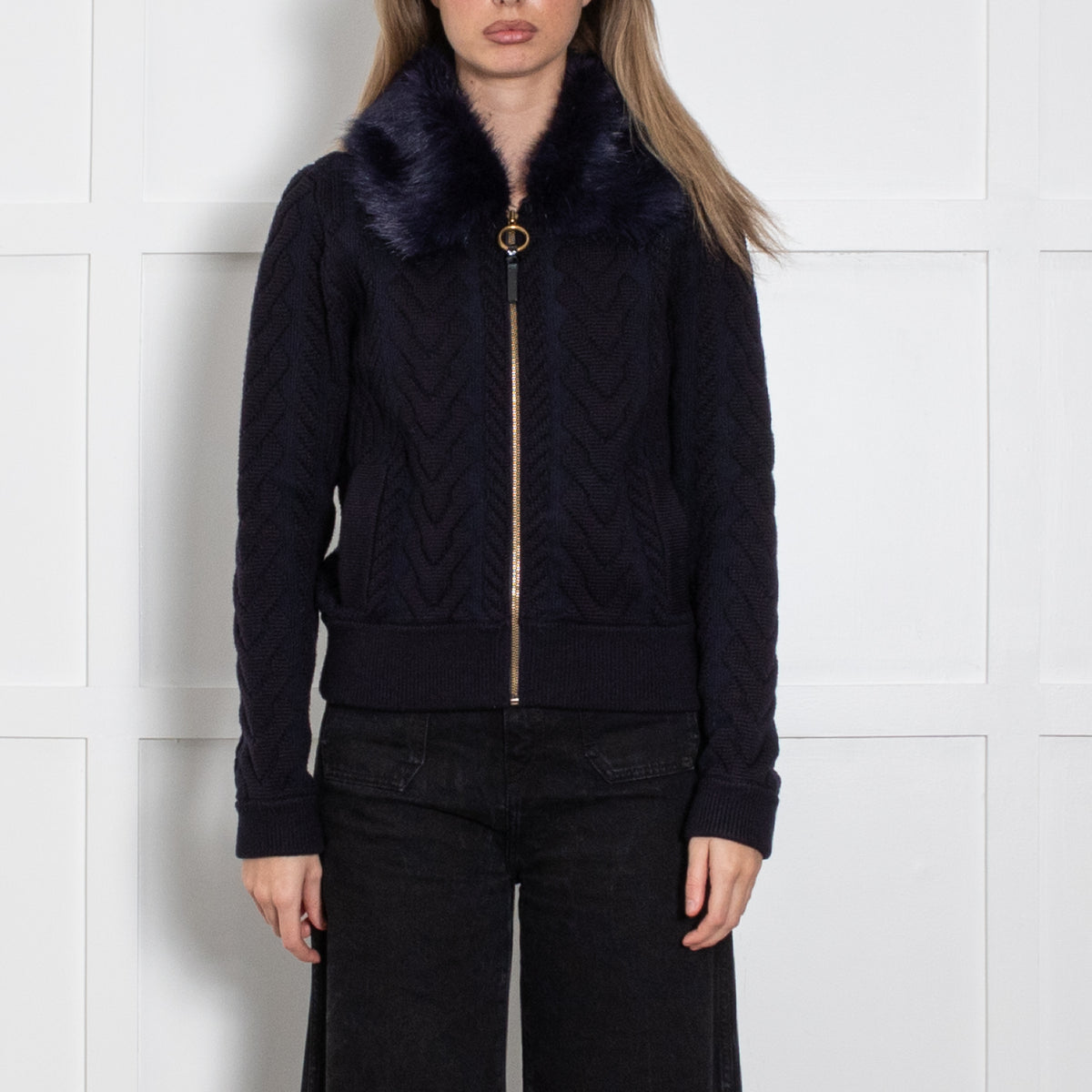 Tory Burch Navy Blue Cable Faux Fur Collar Zip Cardigan