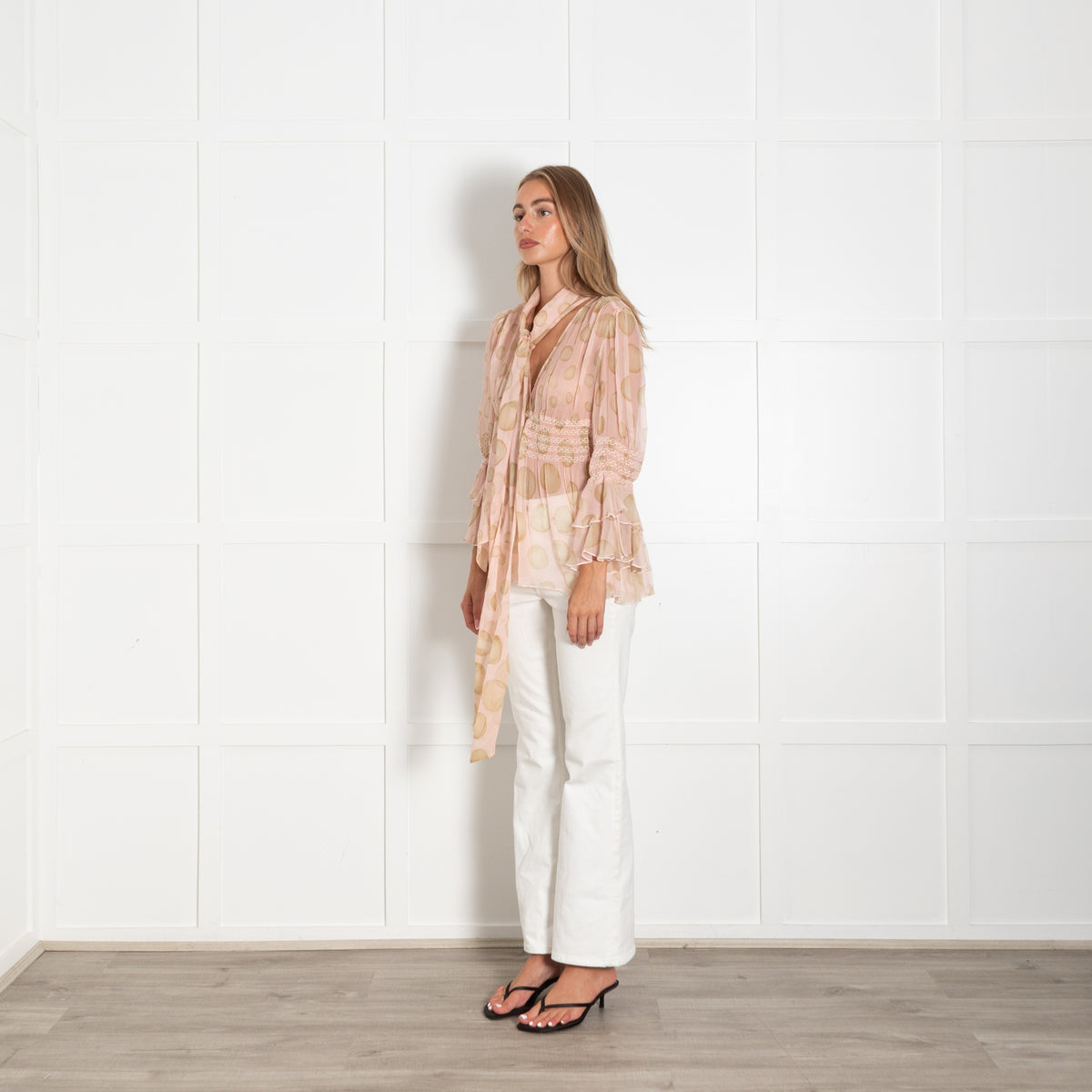 Red Valentino Pink Spotted Sheer Long Sleeve Top With Tie Neck