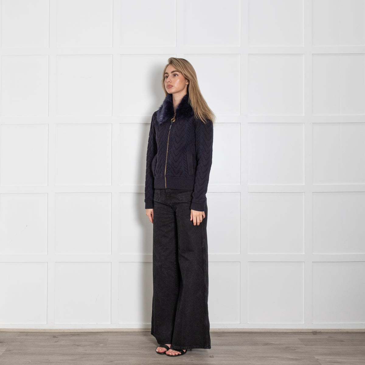 Tory Burch Navy Blue Cable Faux Fur Collar Zip Cardigan