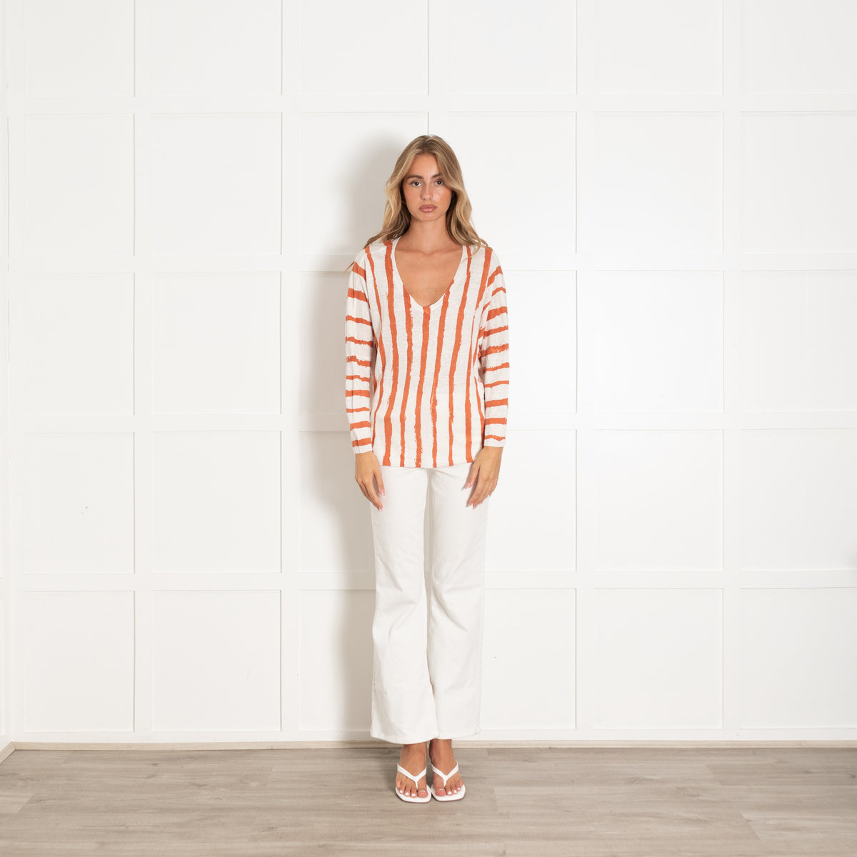 Not Shy Rust And Cream V Neck Oversized Linen Jumper